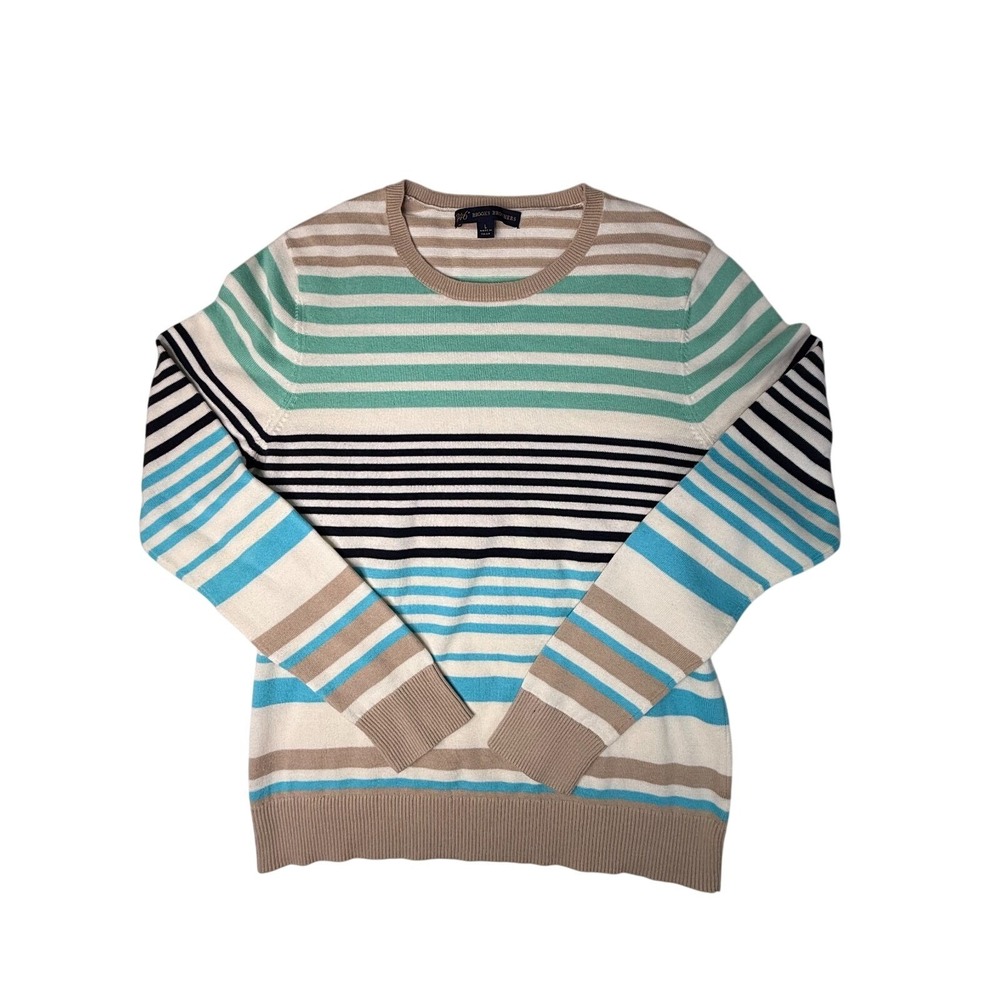 Brooks Brothers 346 Striped Crewneck Sweater Size L Beige Blue Green Cotton